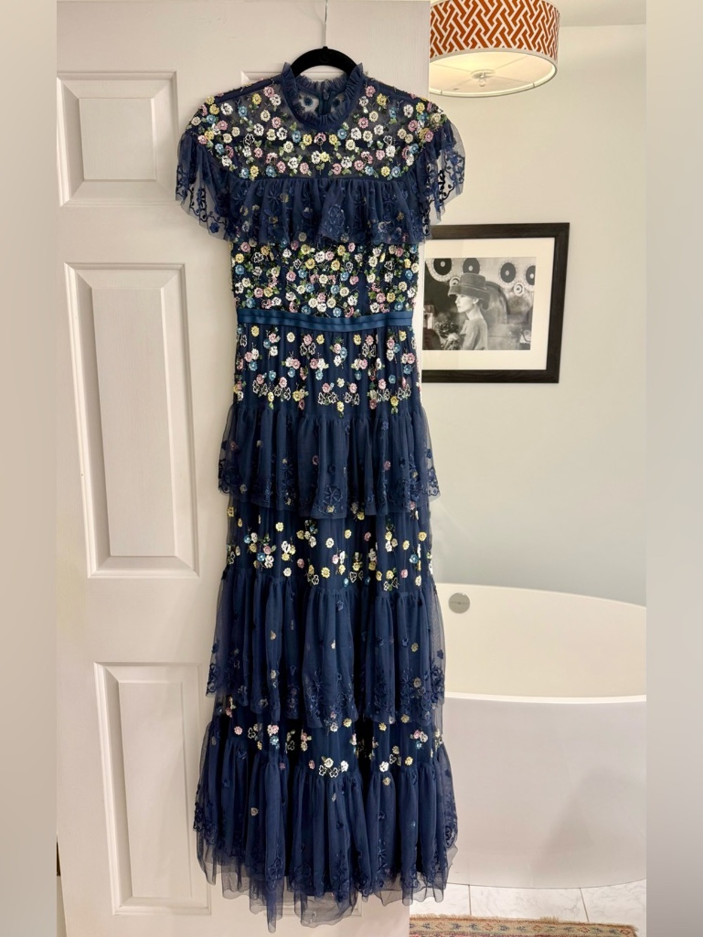 Needle & Thread Navy Lace Dress with Multicolor Floral Embroidery